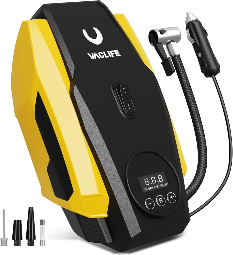 VacLife Tire Inflator Portable Air Compressor - Air Pump for Car Tires - 12V DC Compact Tire Pump with Auto Shutoff Function - Multipurpose Car Accessory with LED Light, Yellow