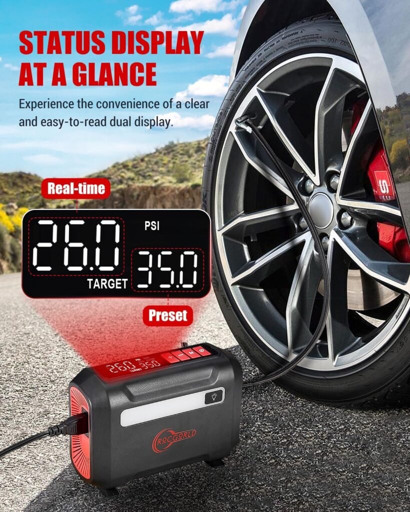 R8 Tire Inflator Portable Air Compressor, DC 12V Air Compressor Portable with Large Dual Digital Screen, 3X Faster Inflation Air Pump for Car, Bike, Ball, Motor